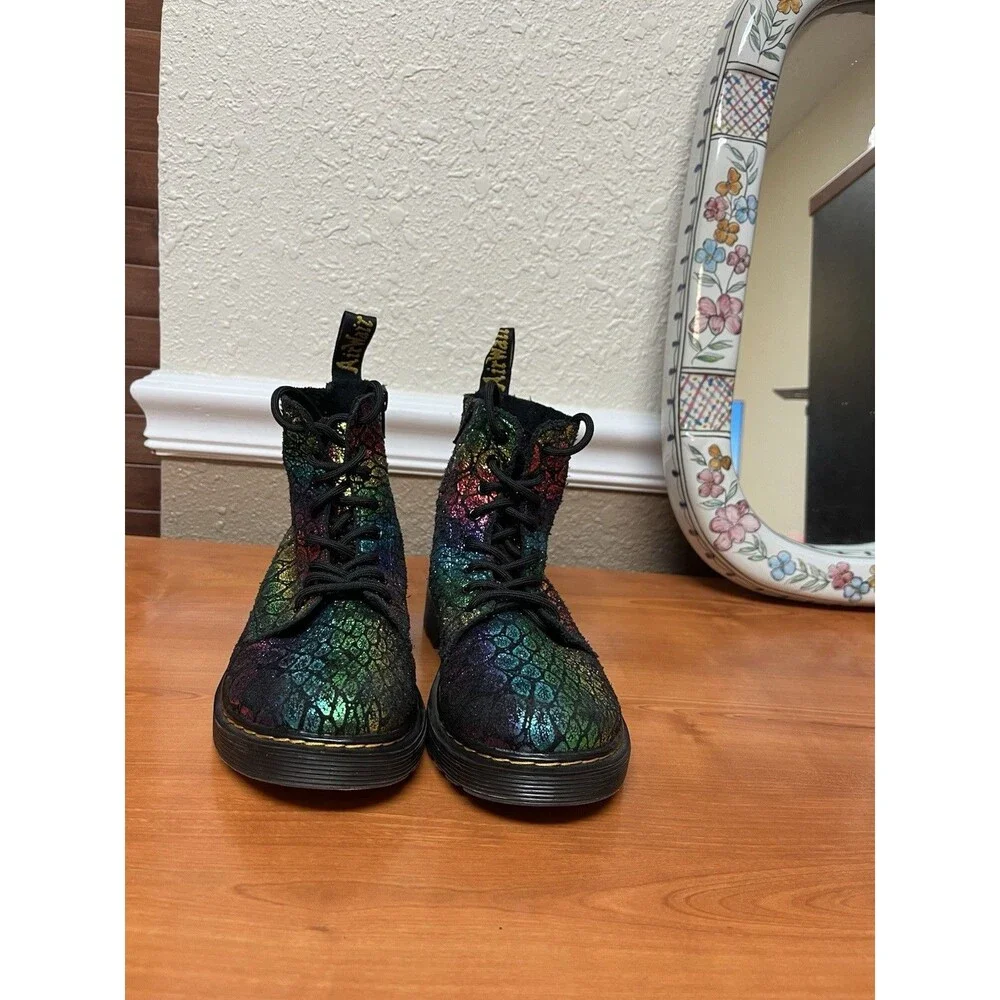 Dr. Martens Pascal J Boots Size 3 –Metallic Croc Black Suede Rainbow Combat Boot